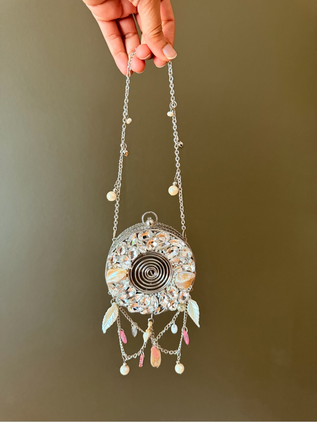 Round Silver Embellished Boho Pendant Bag With Pearls